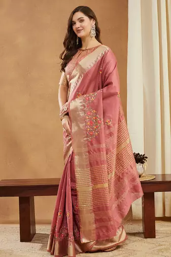 pink assam cotton silk saree with multicolor embroidery
