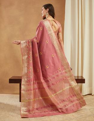 pink assam cotton silk saree with multicolor embroidery 3