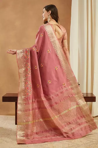 pink assam cotton silk saree with multicolor embroidery