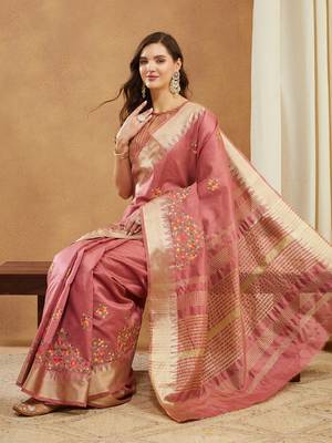 pink assam cotton silk saree with multicolor embroidery 4