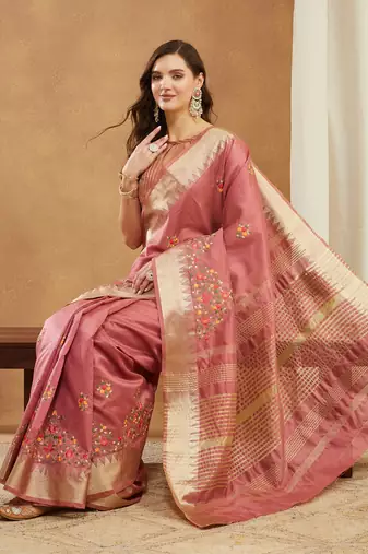 pink assam cotton silk saree with multicolor embroidery