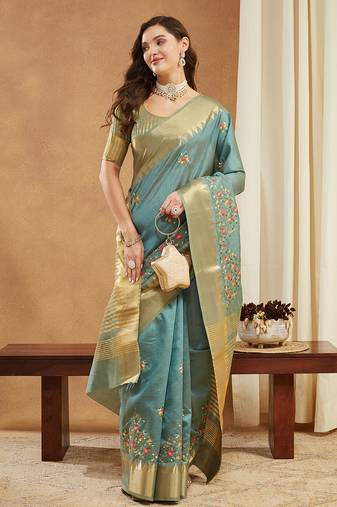 turquoise assam cotton art silk with golden border and multicolor thread embroidered saree 