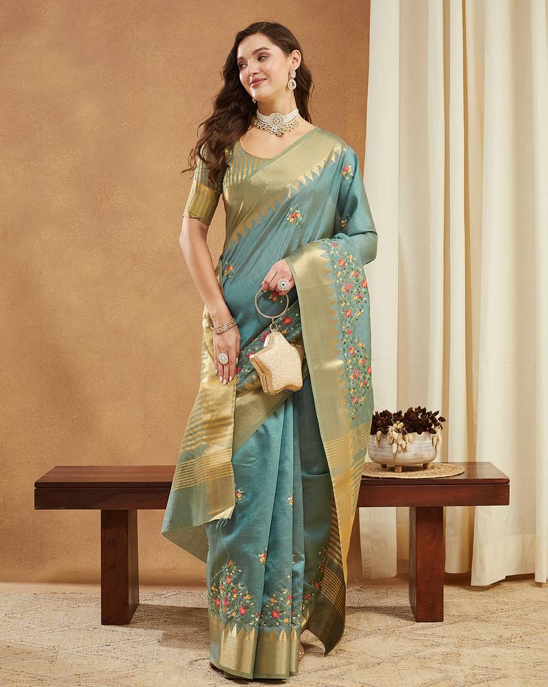 turquoise assam cotton art silk with golden border and multicolor thread embroidered saree 