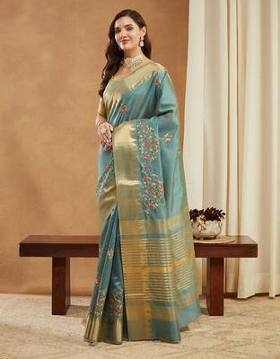 turquoise assam cotton silk saree with multicolor embroidery 2