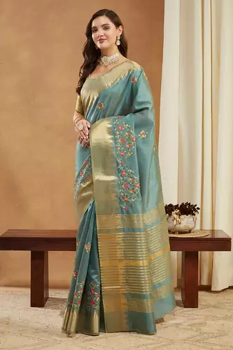 turquoise assam cotton silk saree with multicolor embroidery