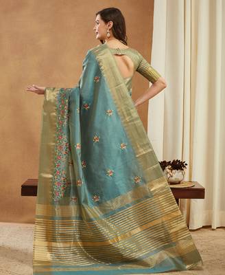 turquoise assam cotton silk saree with multicolor embroidery 3