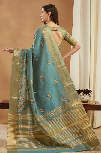 turquoise assam cotton silk saree with multicolor embroidery