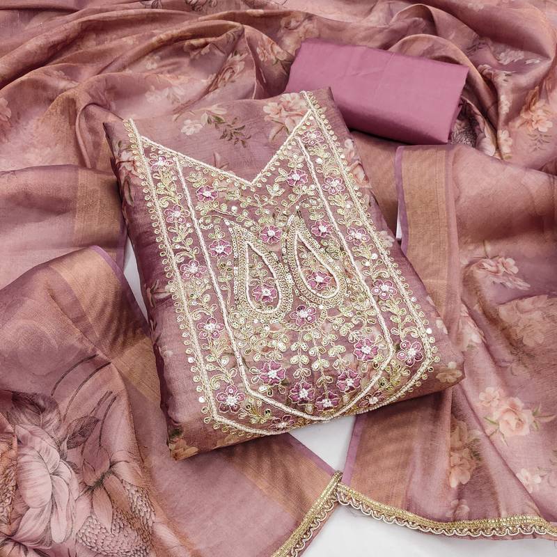  purple print handwork viscose dress material 