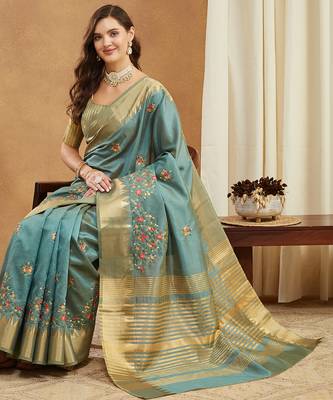 turquoise assam cotton silk saree with multicolor embroidery 4