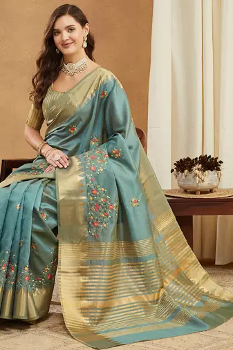 turquoise assam cotton silk saree with multicolor embroidery