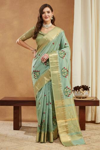 green assam cotton silk saree with embroidery and emple border 