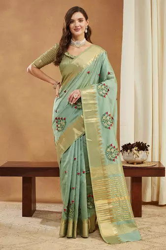 green assam cotton silk saree with embroidery and emple border 