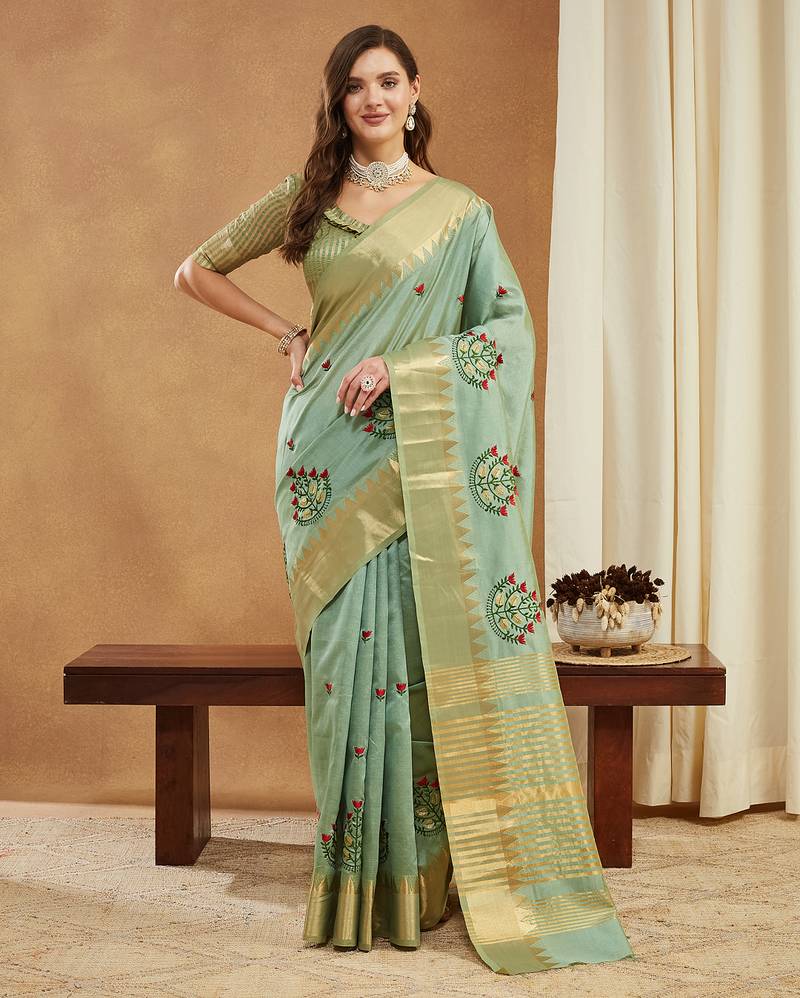 green assam cotton art silk saree with embroidery with emple border