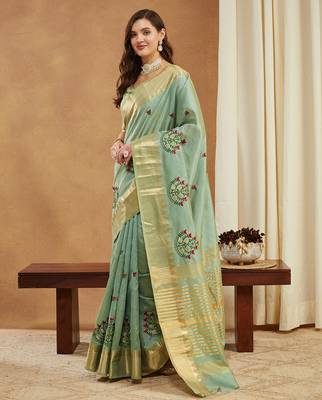 green assam cotton silk saree with embroidery and emple border  2