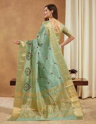 green assam cotton silk saree with embroidery and emple border  3