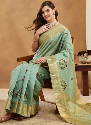 green assam cotton silk saree with embroidery and emple border  4
