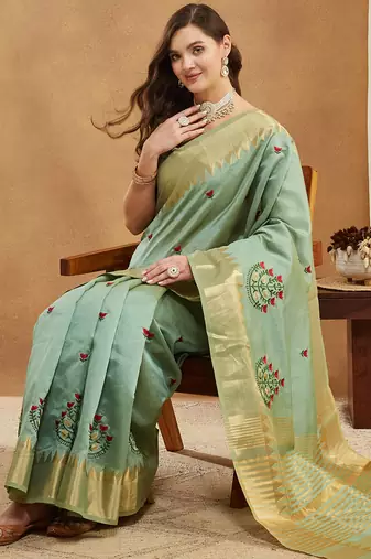green assam cotton silk saree with embroidery and emple border 