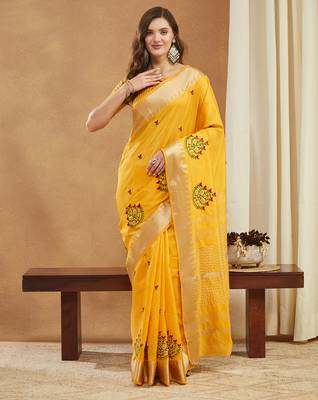 yellow assam cotton silk saree with embroidery and emple border  1