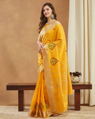 yellow assam cotton silk saree with embroidery and emple border  2