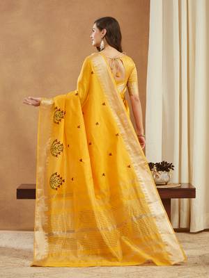 yellow assam cotton silk saree with embroidery and emple border  3