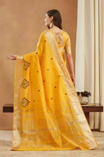 yellow assam cotton silk saree with embroidery and emple border 