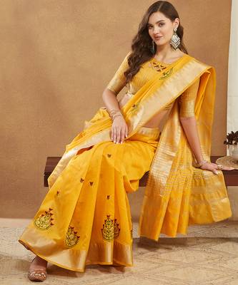 yellow assam cotton silk saree with embroidery and emple border  4