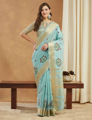 aqua blue assam cotton silk saree with embroidery and emple border 
 1