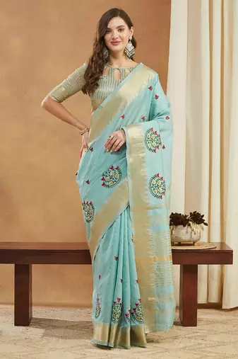 aqua blue assam cotton silk saree with embroidery and emple border 