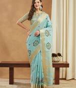 aqua_blue assam cotton art silk saree with embroidery with emple border