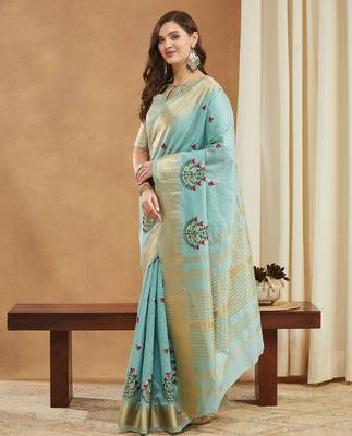 aqua blue assam cotton silk saree with embroidery and emple border 
 2