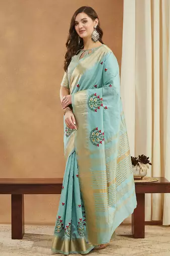 aqua blue assam cotton silk saree with embroidery and emple border 