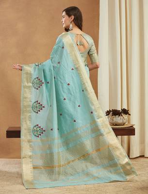 aqua blue assam cotton silk saree with embroidery and emple border 
 3