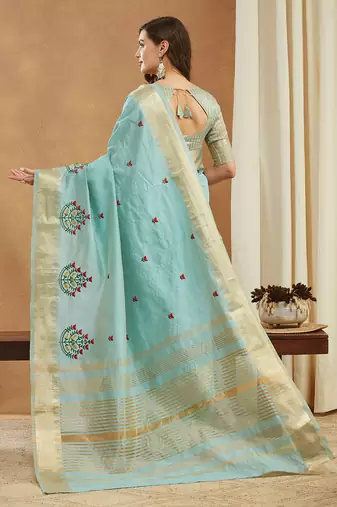 aqua blue assam cotton silk saree with embroidery and emple border 