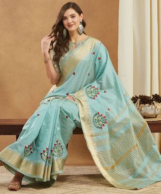 aqua blue assam cotton silk saree with embroidery and emple border 
 4