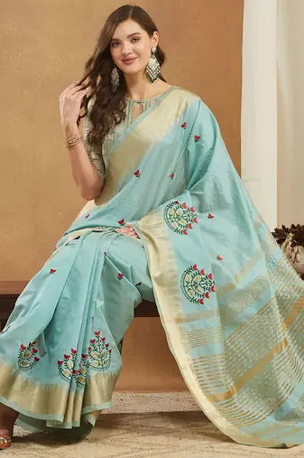 aqua blue assam cotton silk saree with embroidery and emple border 
