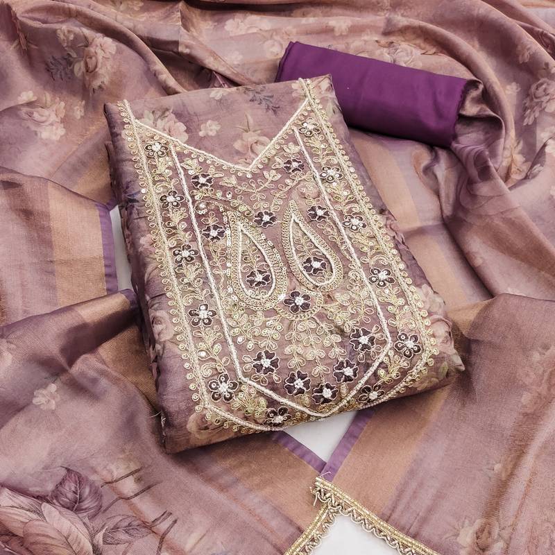  voilet print handwork viscose dress material 