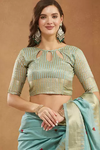aqua blue assam cotton silk saree with embroidery and emple border 