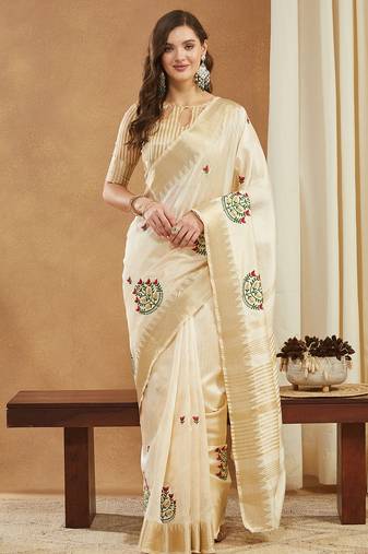 cream assam cotton art silk saree with embroidery with emple border
