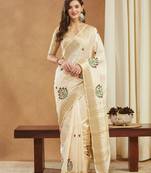 cream assam cotton art silk saree with embroidery with emple border