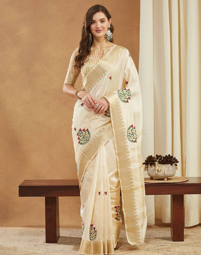 cream assam cotton art silk saree with embroidery with emple border