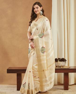 cream assam cotton silk saree with embroidery and emple border 
 2