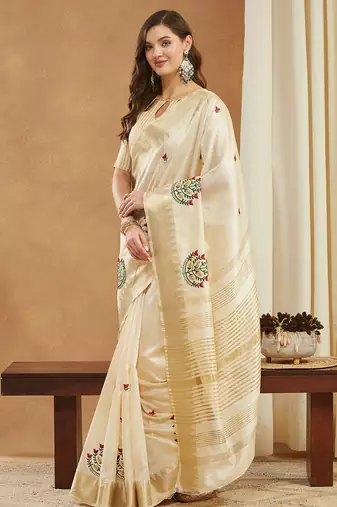 cream assam cotton silk saree with embroidery and emple border 
