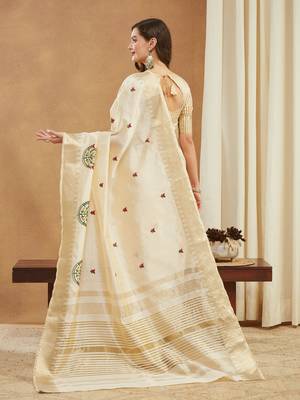 cream assam cotton silk saree with embroidery and emple border 
 3
