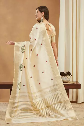 cream assam cotton silk saree with embroidery and emple border 
