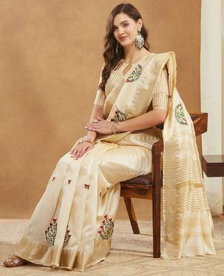cream assam cotton silk saree with embroidery and emple border 
 4