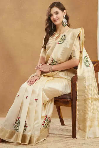 cream assam cotton silk saree with embroidery and emple border 