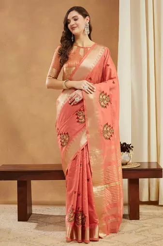 peach assam cotton silk saree with embroidery and emple border 