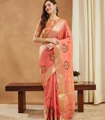 peach assam cotton art silk saree with embroidery with emple border