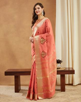 peach assam cotton silk saree with embroidery and emple border  2