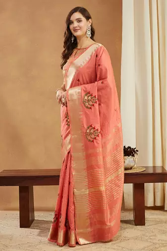 peach assam cotton silk saree with embroidery and emple border 